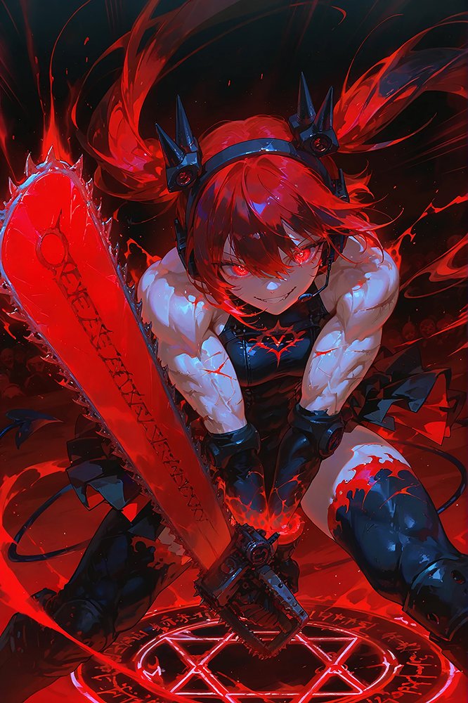 Demon Anime Girl with Chainsaw – Dark Fantasy Gothic Art Premium Print product image (1)