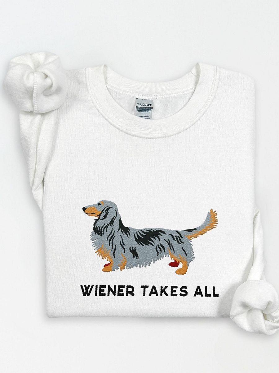 Wiener Takes All Sweatshirt (Embroidered) of a Longhaired Dachshund(Dapple) product image (1)