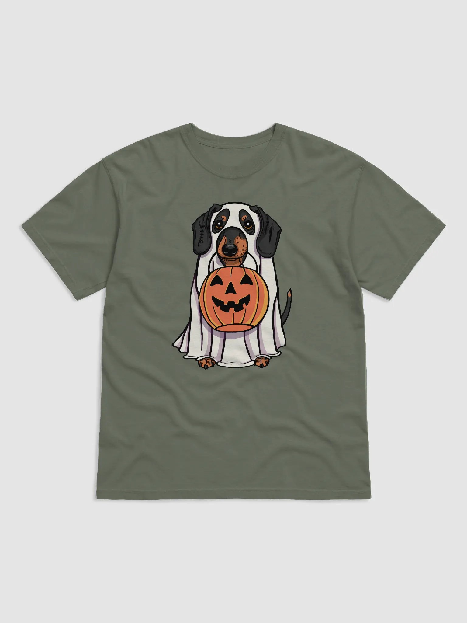 Funny Halloween Dachshund T-Shirt | Funny Doxie/Wiener Wearing a Ghost Costume and Holding a Pumpkin Basket product image (4)