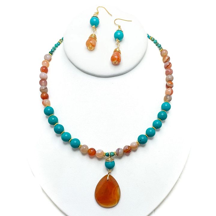 Carnelian, Turquoise, and Agate Necklace and Earrings Set product image (1)