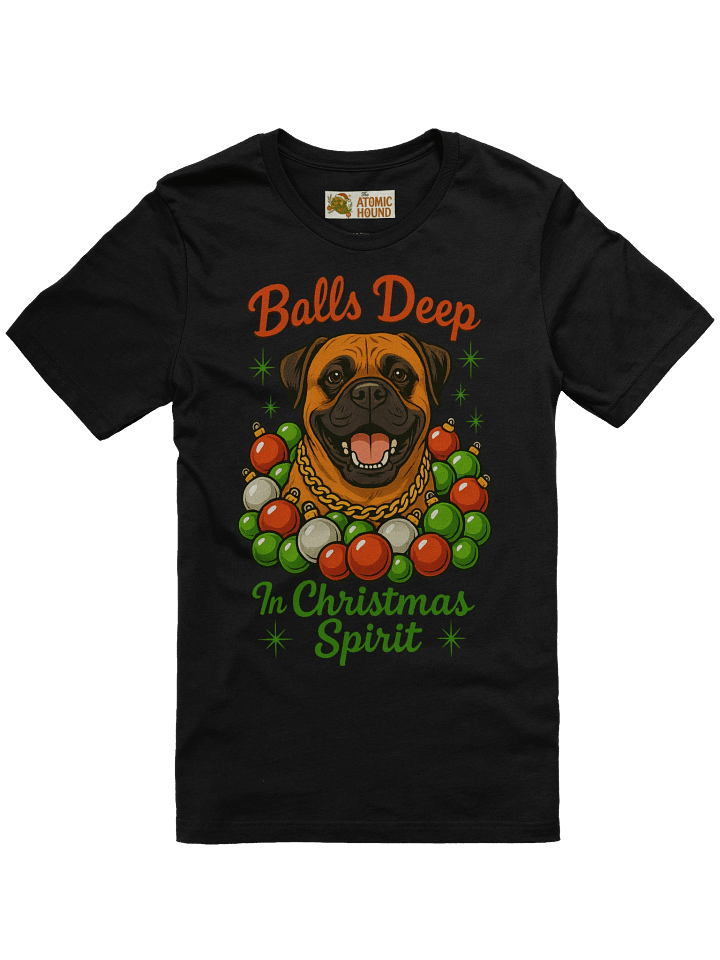 Funny Bullmastiff Christmas Shirt – “Balls Deep in Christmas Spirit” Holiday Dog Tee – Retro 1950s Atomic Design – Big Dog Lover Gift – Funny Xmas Shirt product image (2)