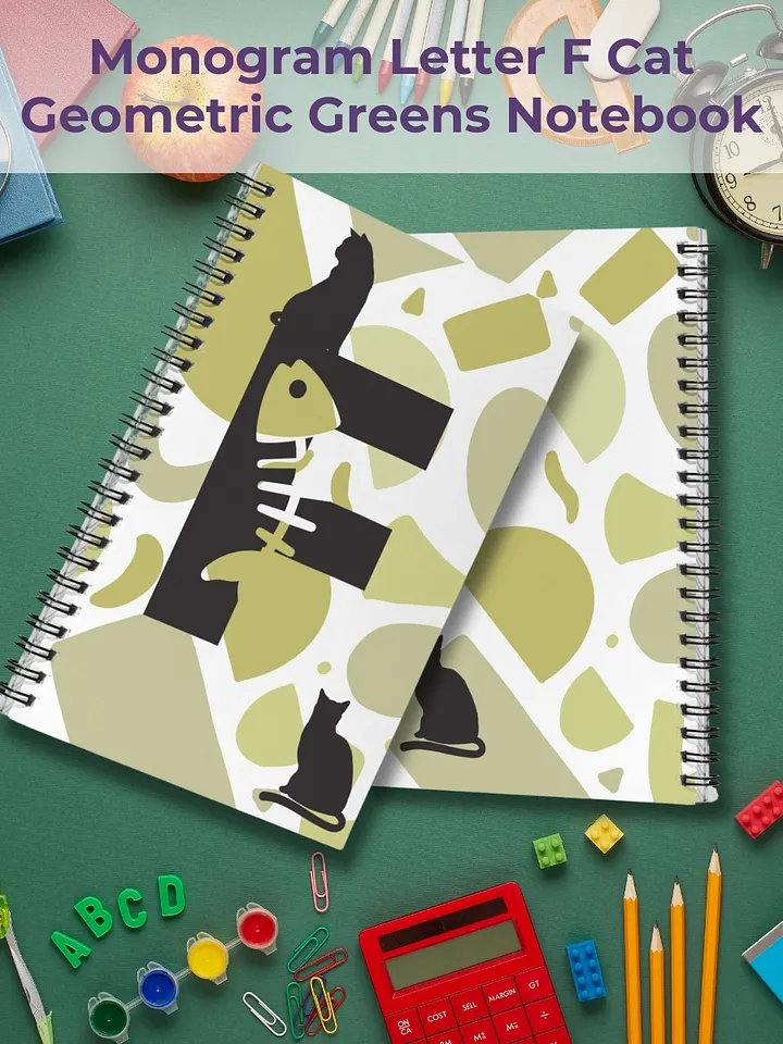Monogram Letter F Cat Lover Geometric Greens Notebook product image (1)