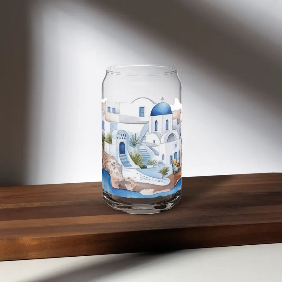 Santorini Dreaming Glass Can Tumbler | 16oz | Greek-Inspired Beverage Glass with Bamboo Lid & Straw product image (5)