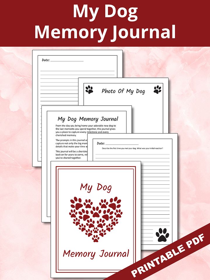 Printable Dog Memory Journal - Red Pawprint Heart product image (1)