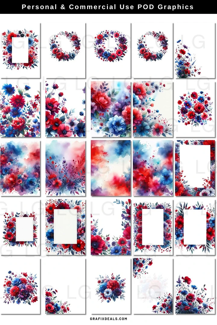 Red Blue Purple Floral Graphics Bundle Commercial POD Use Clipart for Zazzle Creators product image (2)