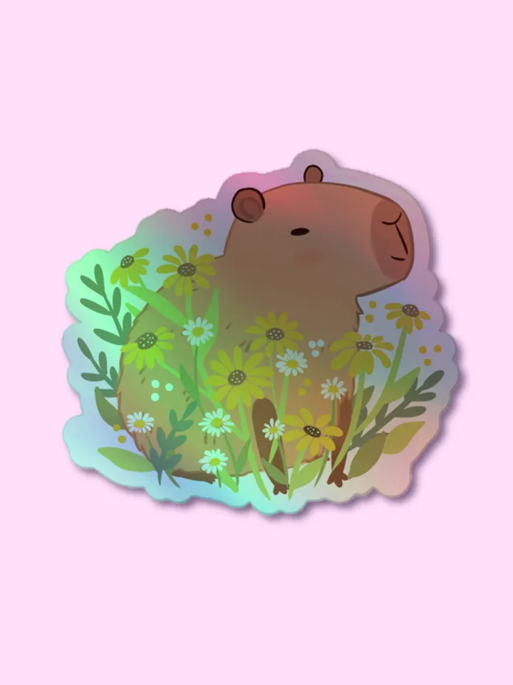 Capybara with daisy flowers Holographic Sticker product image (1)
