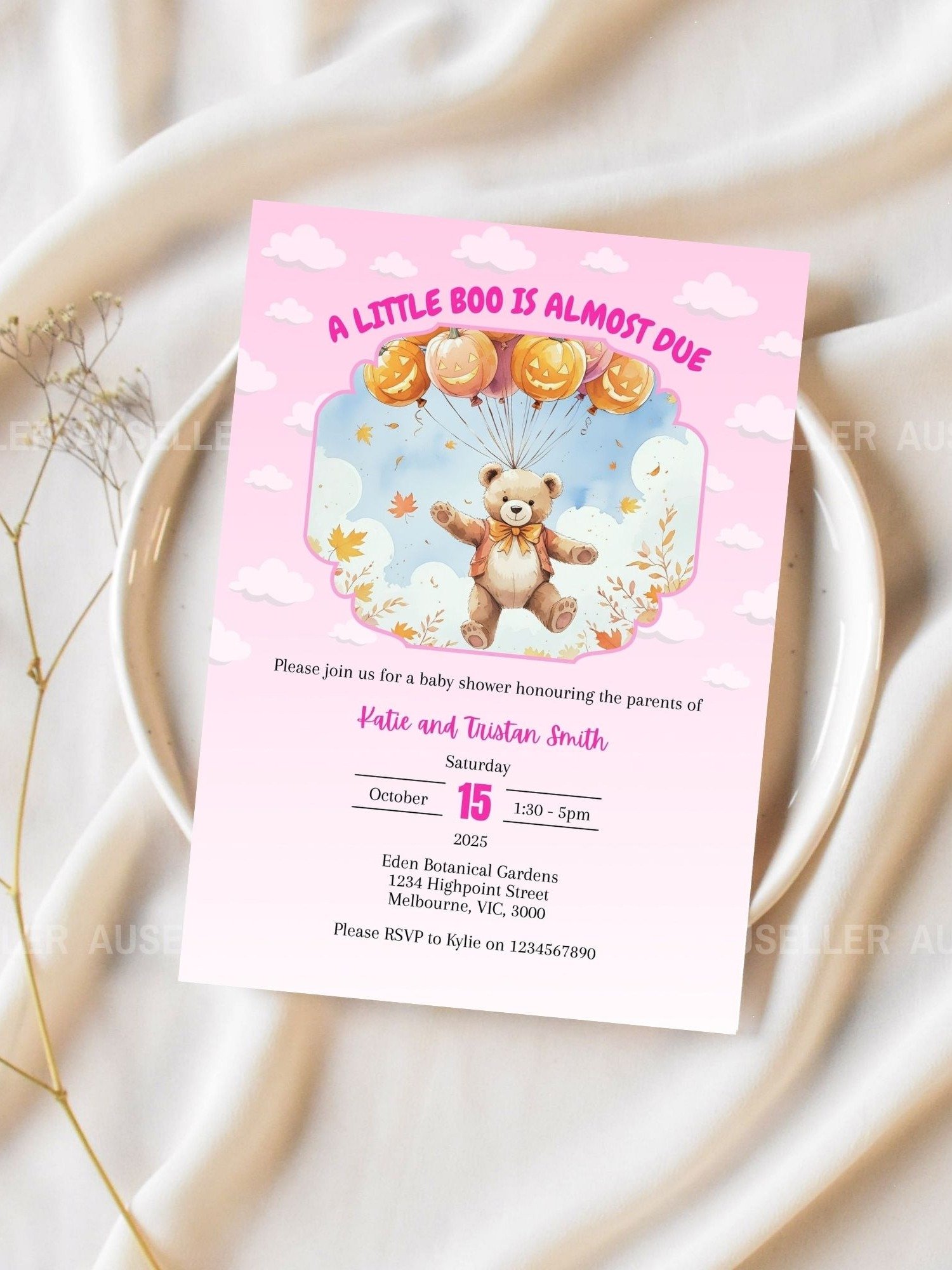 Bear With Pumpkin Balloons and Clouds Halloween Baby Shower Invitation product image (2)
