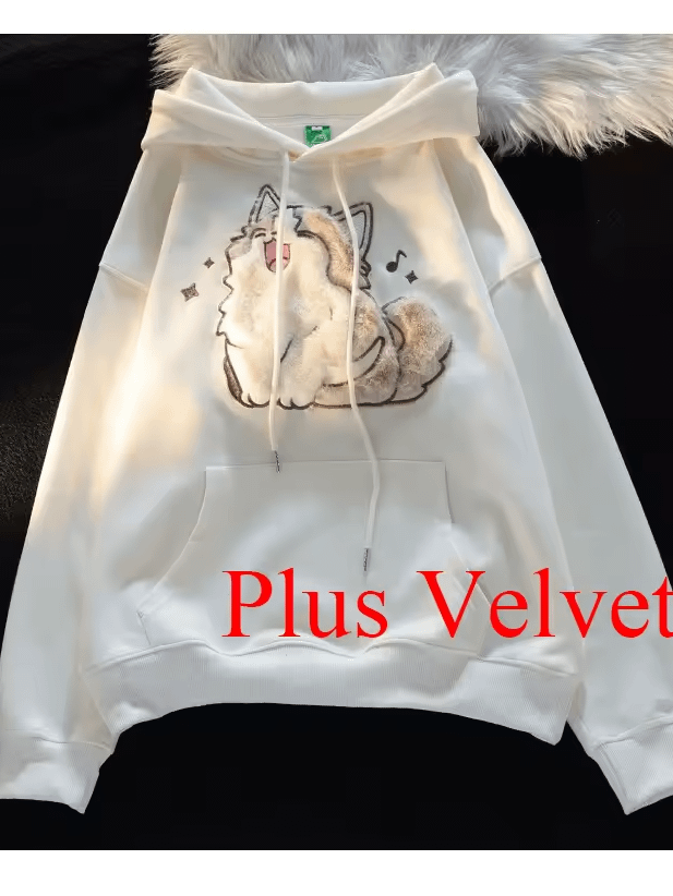 Korean Style Cat Print Pullover Hoodie with Cute Embroidery product image (1)