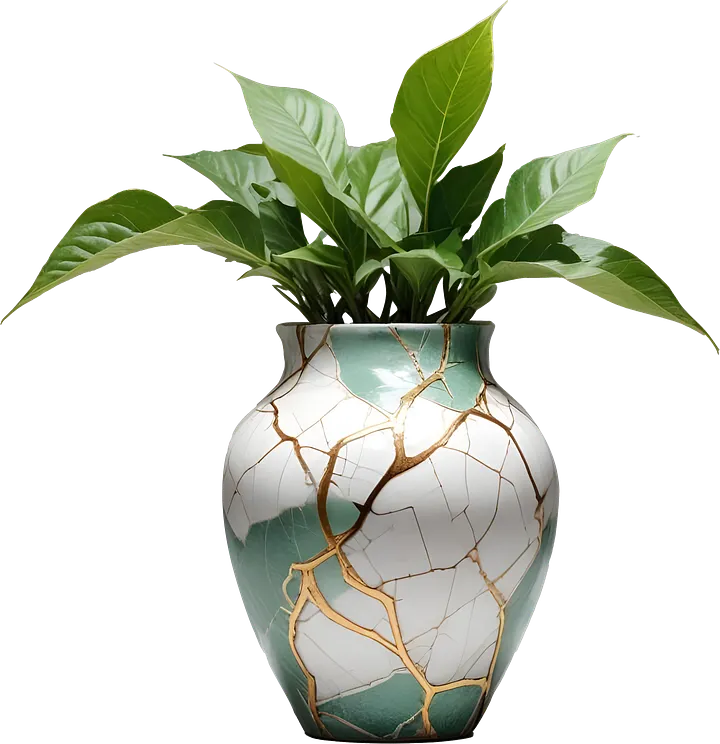 Kintsugi Serenity – Green and White Planter with Golden Cracks PNG product image (1)