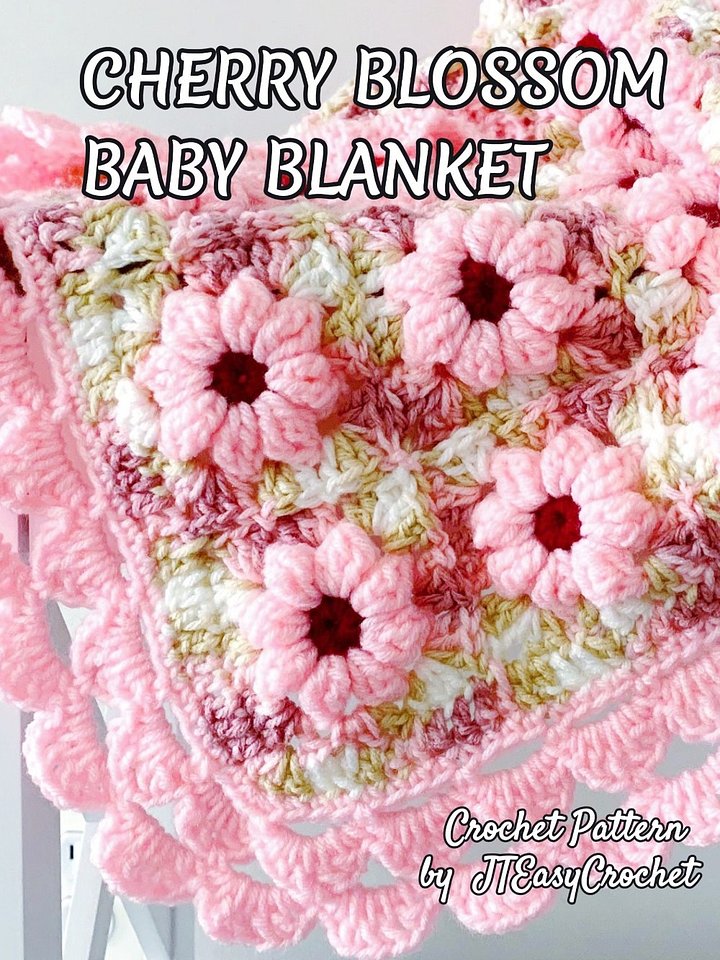 Cherry Blossom Baby Blanket Crochet Pattern, Textured 3D Floral Granny Squares Couch Throw product image (2)