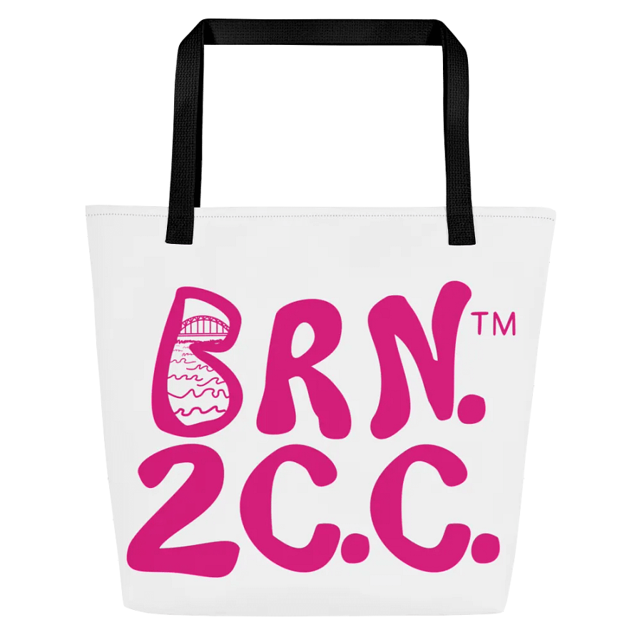 BRN.2C.C.™ | Large Tote Bag with Pocket | Coastal Classic | All-Over Logo Print | Pink Logo on White product image (2)