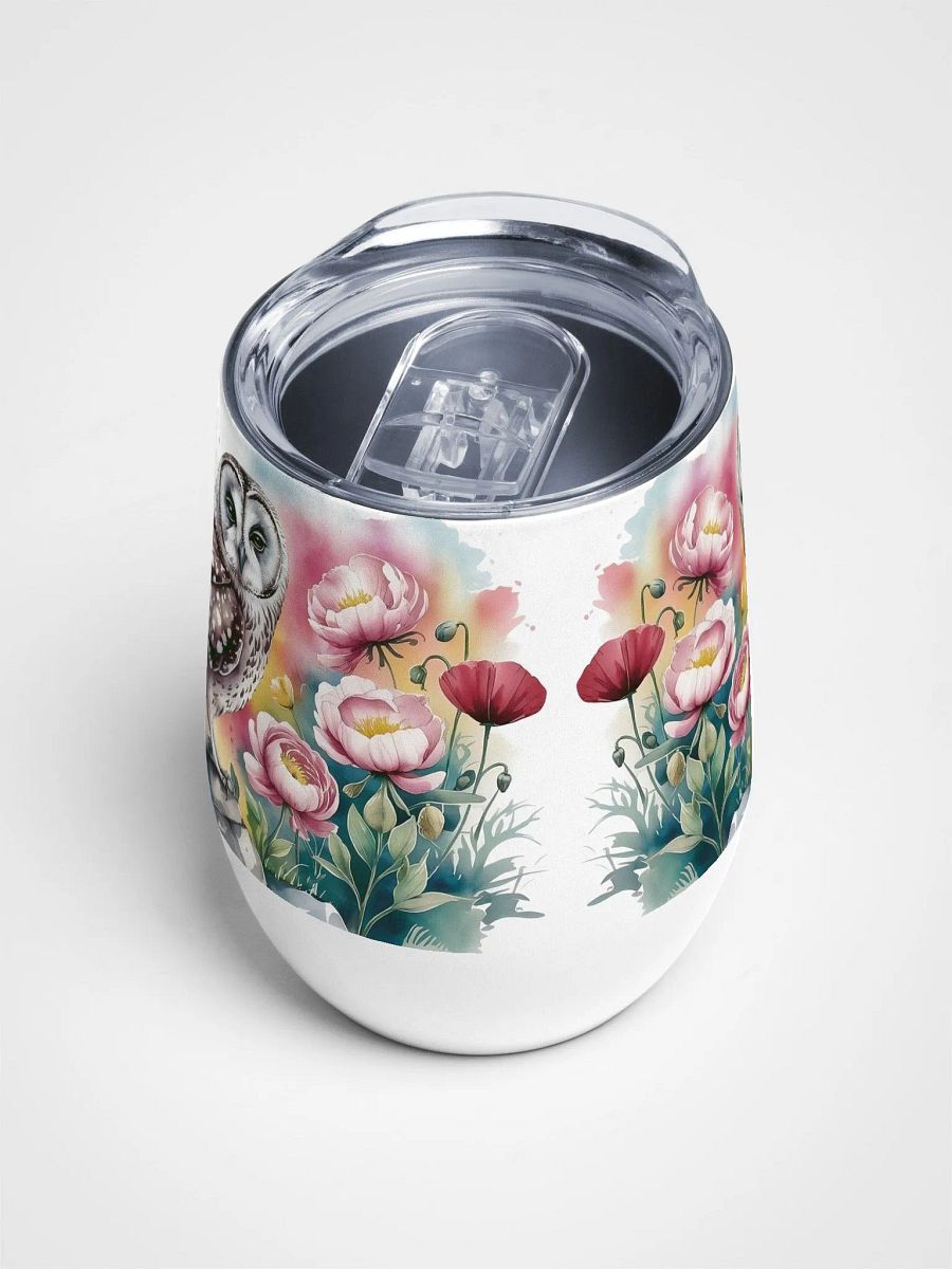 Curious Owl in Poppy Field 12 Oz Wine Tumbler – Whimsical Owl & Floral Watercolor Design product image (5)