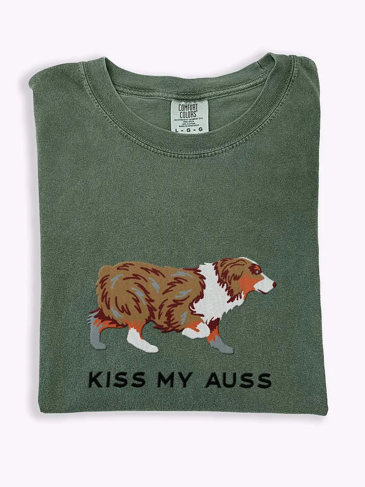 Kiss My Auss T-Shirt(Embroidered) of an Australian Shepherd(Red Merle) product image (1)