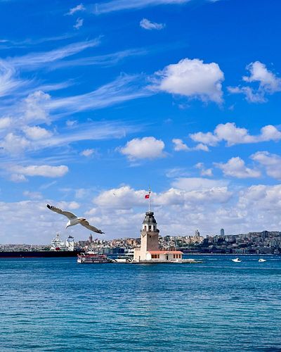 A timeless view of the Maiden’s Tower standing gracefully in the Bosphorus, accompanied by the serene flight of a seagull. Th...