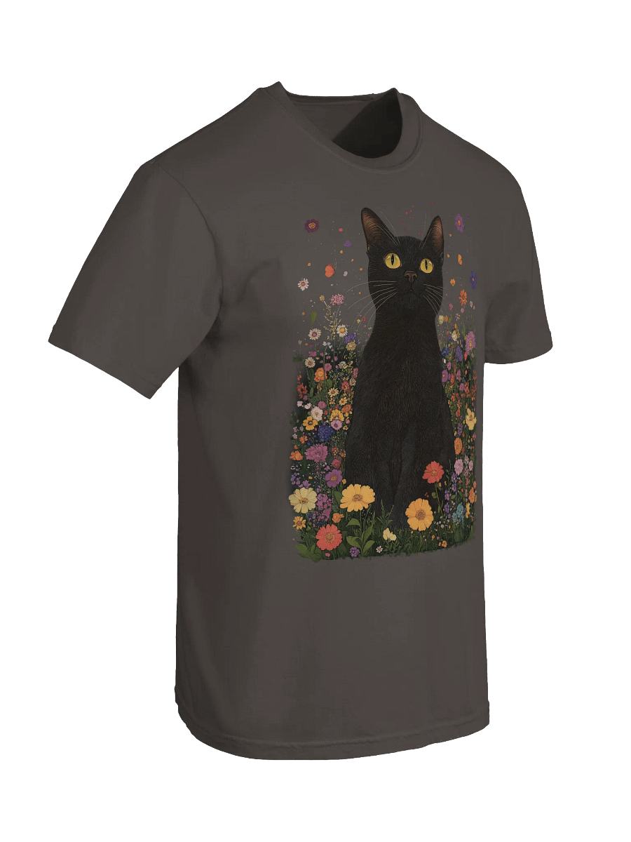 Black Cat in Wildflowers – Relaxed Fit Heavyweight Unisex Cotton T-Shirt product image (2)