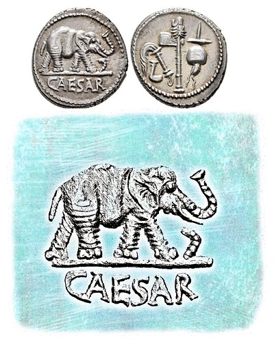 JULIUS CAESAR as Elephant crushing his opposition (Snake). Roman coin art circa 48/49 BC. The Great Roman Civil War.

Ancient...