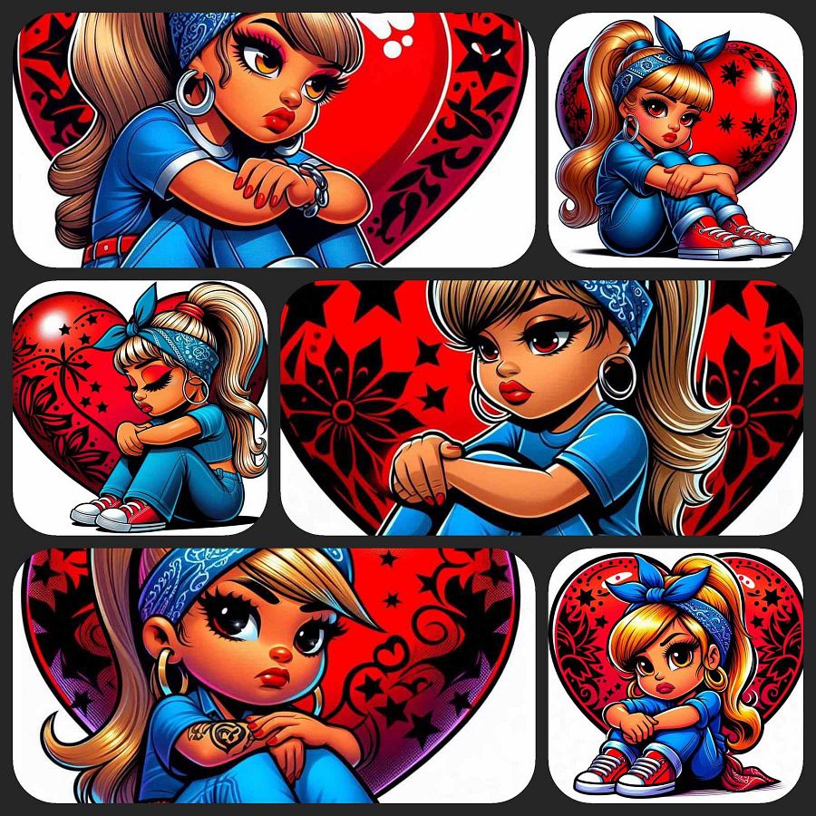 12 Cute Chicana Girl Clipart with Bandana, Red Heart Background, Digital Download, Chola Style Art, Cartoon Character Illustration product image (4)