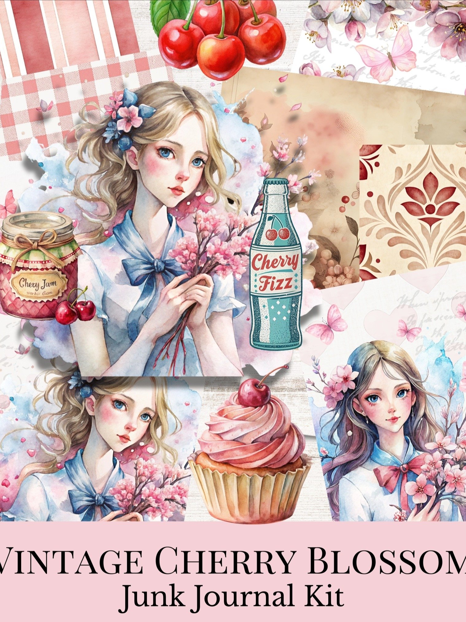 Vintage Cherry Blossom Junk Journal Kit | Instant Digital Download | Ephemera & Fussy Cuts product image (1)