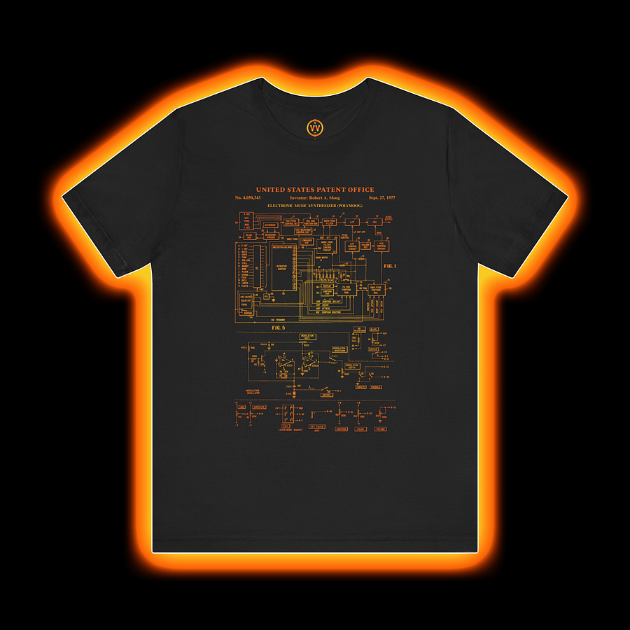 Polymoog T-Shirt - Moog Synth Patent 1977 (Vintage Analog Synthesizer) AMBER PRINT product image (1)