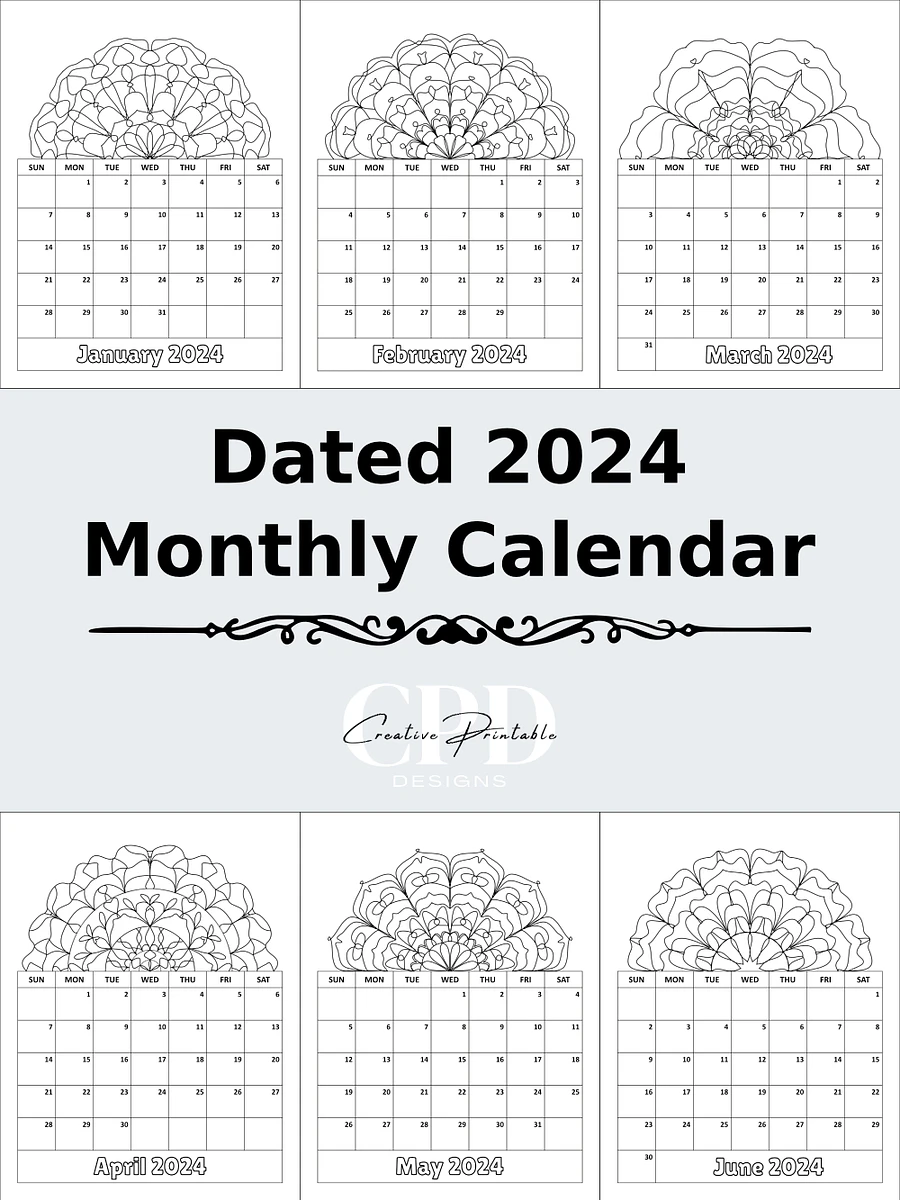 Printable 2024 Monthly Calendar With Kaleidoscope Patterns To Color product image (2)