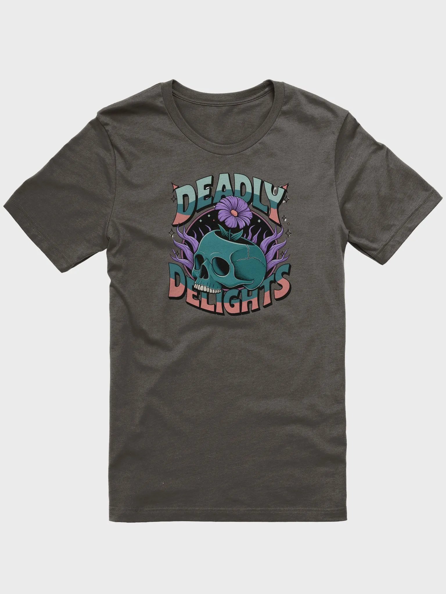 “DEADLY DELIGHTS” t-shirt, Skull design t-shirt, Halloween themed shirt, Unique Halloween outfit, Daring fashion statement, Floral skull shirt, Halloween party attire, gift idea product image (1)