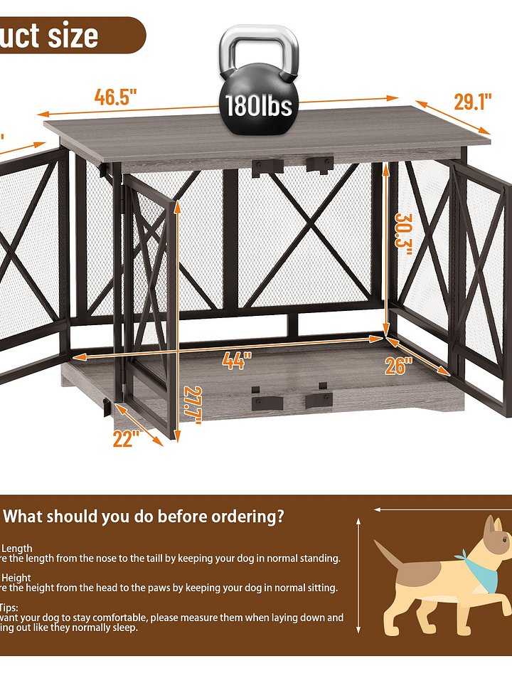48 inch Extra Large Dog Crate Furniture,Double Door Indoor Kennel,End Side Table Wooden Dog Crates,Anti-Chew Anti-Escape, Gray product image (2)
