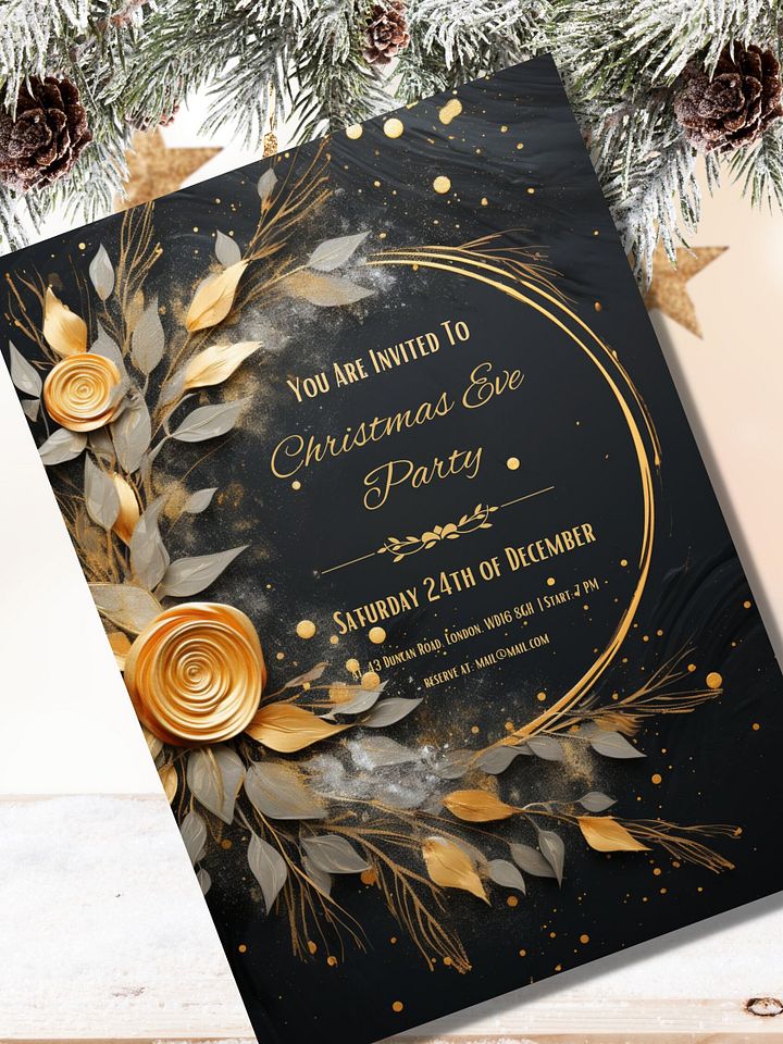 Gold Rose 3D Christmas Eve Party Invitation | Editable in Canva | Christmas Party Printable | Holiday Invitation Template | Link to Canva product image (1)