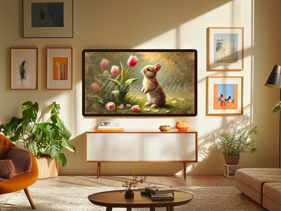 Spring Samsung Frame TV Art, Easter Bunny Tulips Painting, Art for TV, Digital Download product image (2)