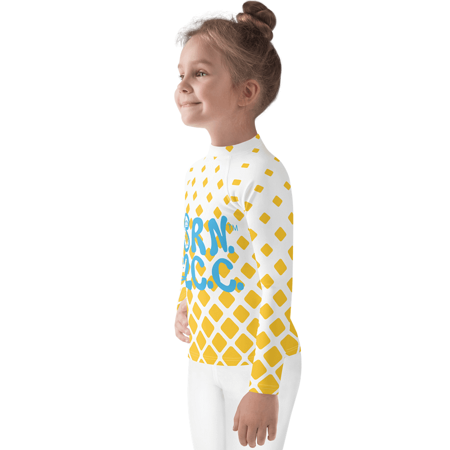 Girls' | Kids | Rash Guard | BRN.2C.C.™ Front Print | BOURNE to Cape Cod™ Back & Sleeve Logo | Coastal UV Shirt for Active Kids | Slim Fit Swim Top | Blue Logo on Retro Mod Yellow Diamonds product image (3)