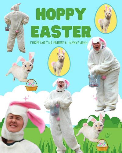 Hoppy Easter to those who celebrate from Easter Munny & Jennyfurhh!! hehehe

[id: me in a bunny suit in 4 different poses mak...