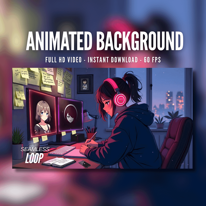 Animated Background | Girl Studying at Night with Pink Headphones | Relaxing Lofi Atmosphere | Perfect for Streaming & Live Wallpapers | AB182 product image (1)