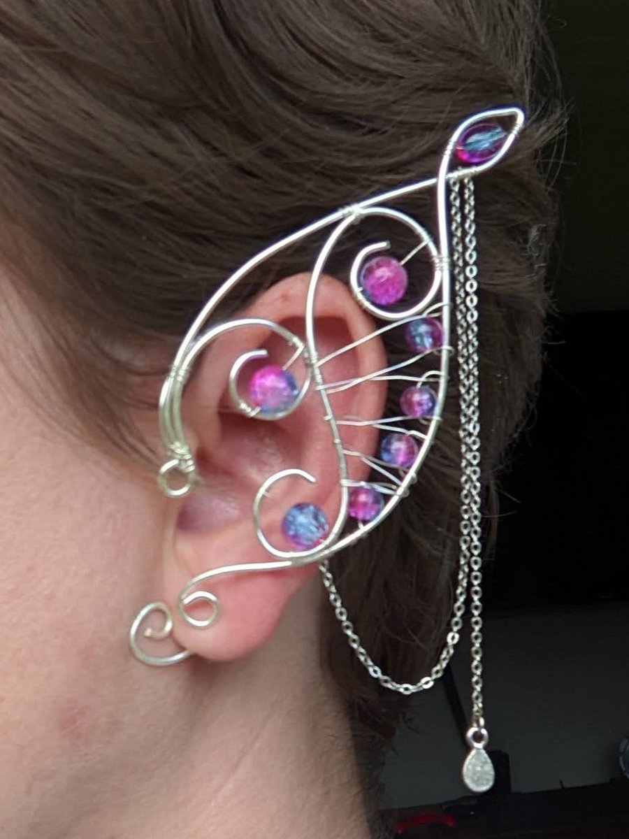 Wire Elf Ears - Long Silver with Bead and Chain Details product image (2)