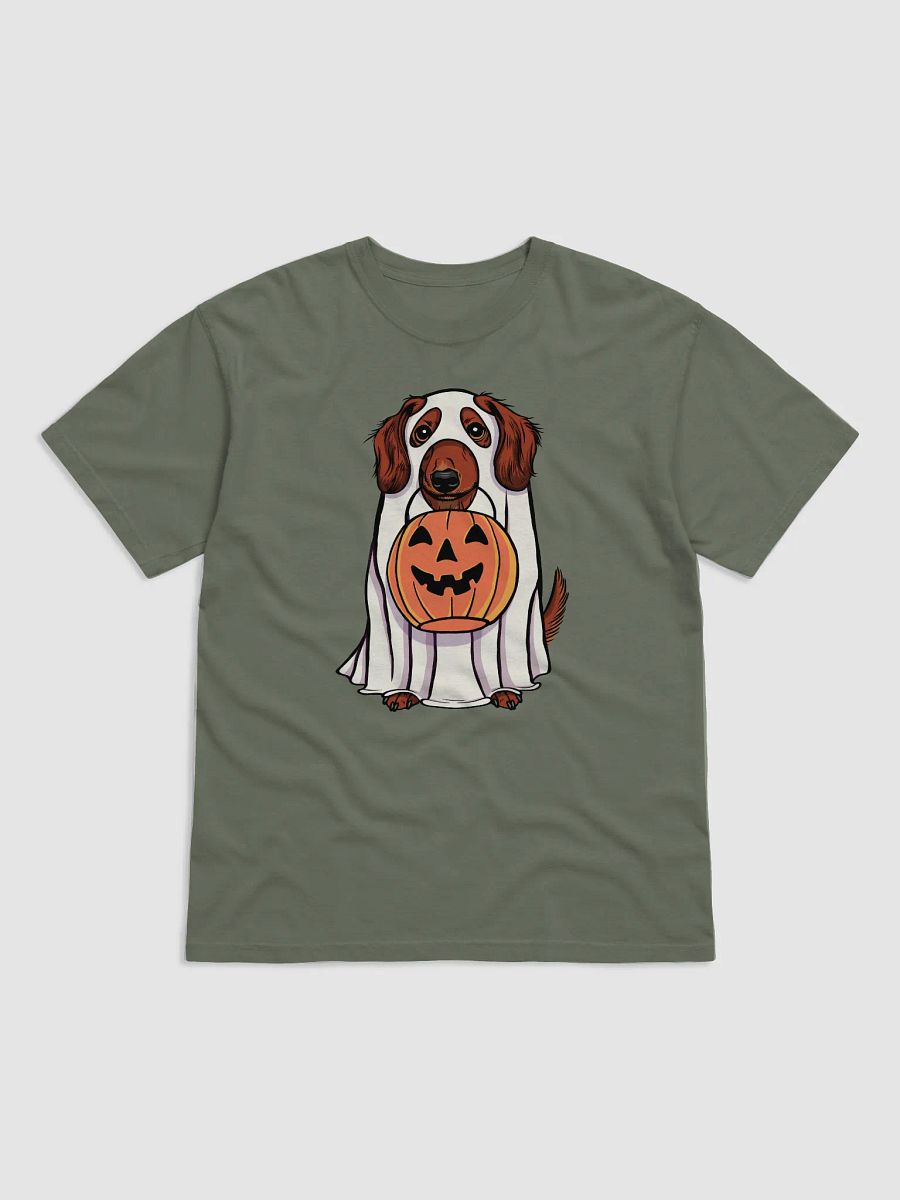 Funny Halloween Longhaired Dachshund T-Shirt | Funny Doxie/Wiener Wearing a Ghost Costume and Holding a Pumpkin Basket product image (8)