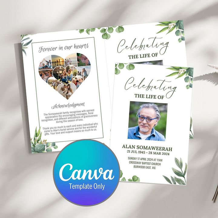 Green Leaves Funeral Program Canva Template product image (1)
