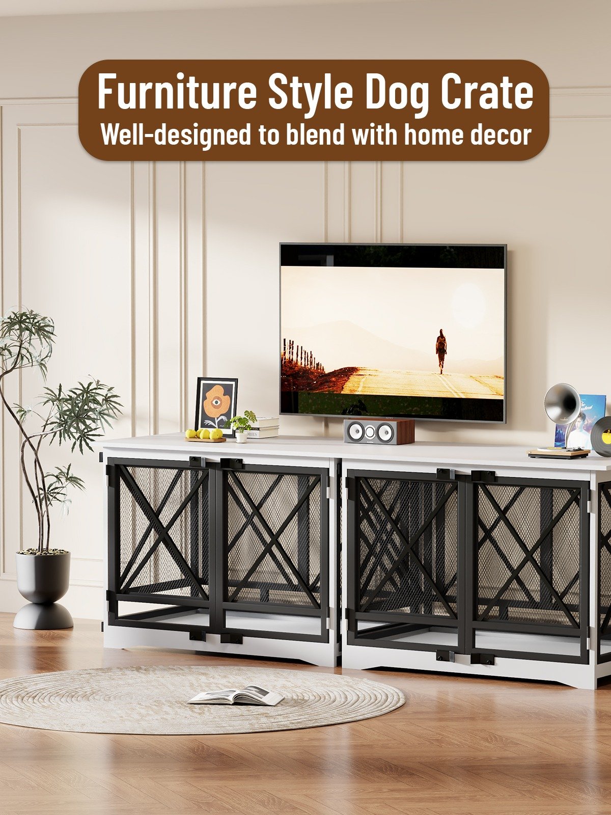 48 inch Extra Large Dog Crate Furniture,Double Door Indoor Kennel,End Side Table Wooden Dog Crates,Anti-Chew Anti-Escape, White product image (5)