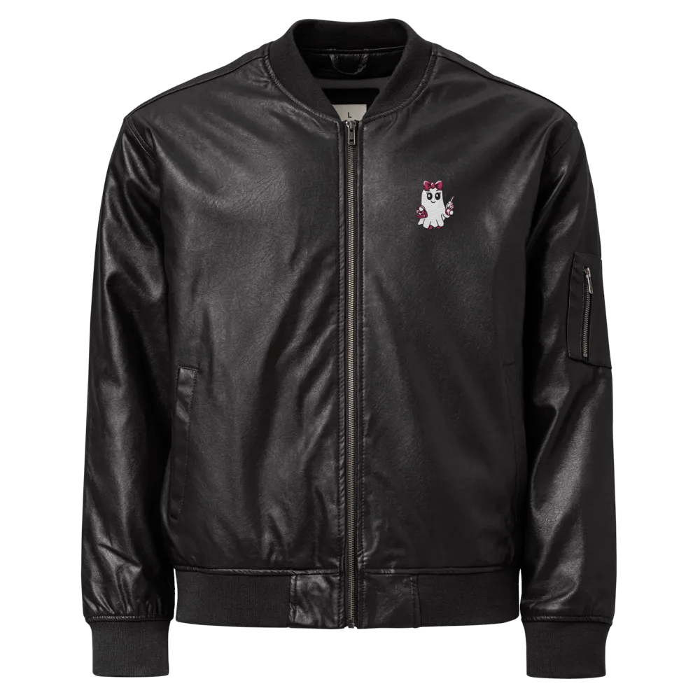 Cute Ghost Embroidered Faux Leather Bomber Jacket product image (1)