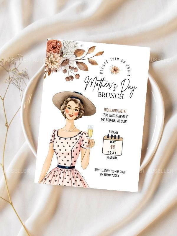 Mother's Day Brunch Invitation Bundle - Lady With Hat And Polka Dot Dress product image (2)