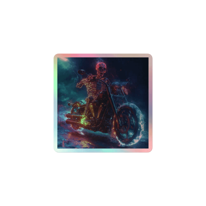 Flaming Skeleton Motorcycle Holographic Sticker product image (1)
