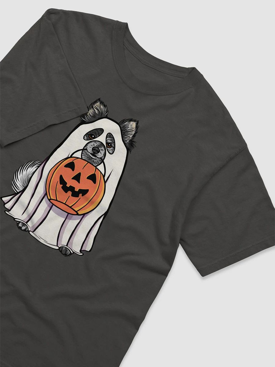 Funny Halloween Pomeranian(Blue Merle) T-Shirt | Funny Pomeranian Wearing a Ghost Costume and Holding a Pumpkin Basket product image (19)