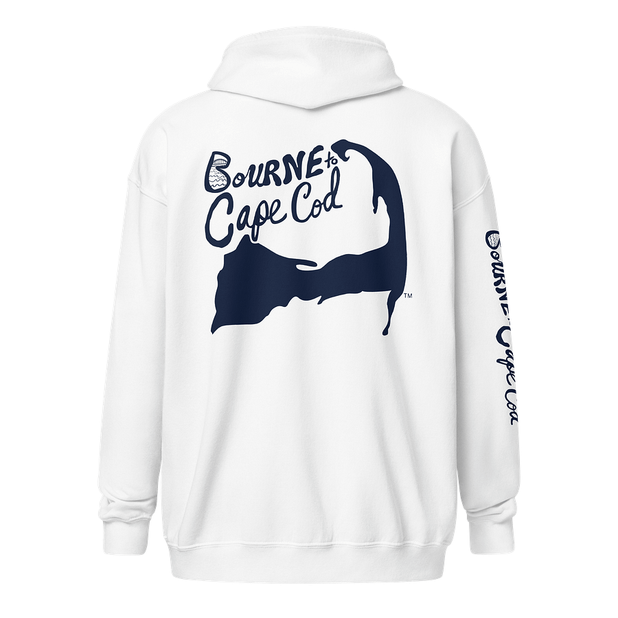 BOURNE to Cape Cod™ | DTG Vintage Print | Zip Hoodie | BRN.2C.C.™ | Coastal Classic Layer | Unisex Heavy Blend Full-Zip Sweatshirt | Navy Blue Logos product image (2)