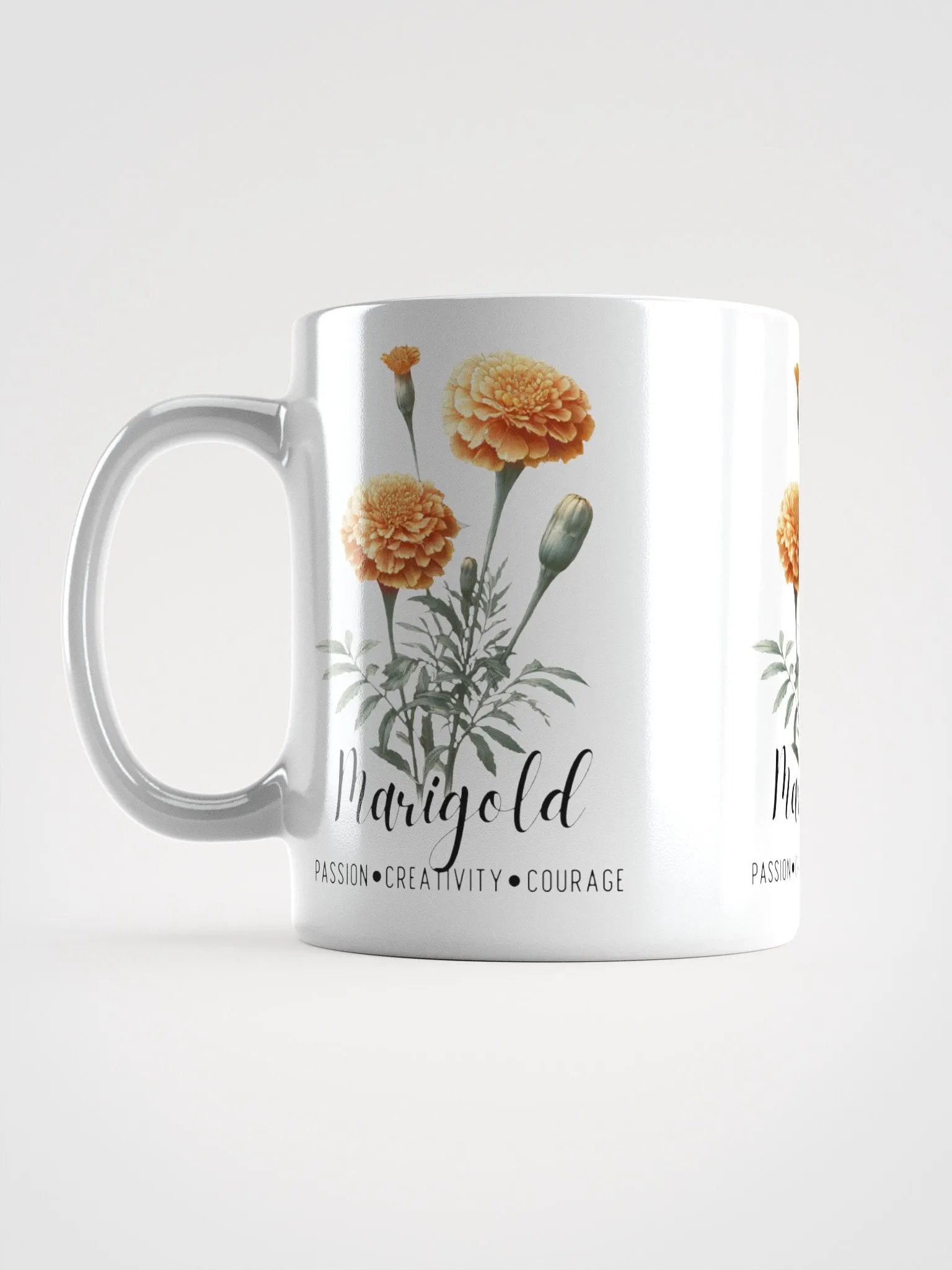 Marigold Ceramic White Mug: Passion, Creativity, Courage October Birth Month Flower product image (8)
