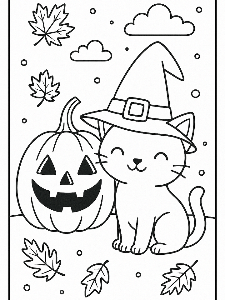 Pumpkins, Paws & Magic: A Cozy Fall Coloring Page product image (1)
