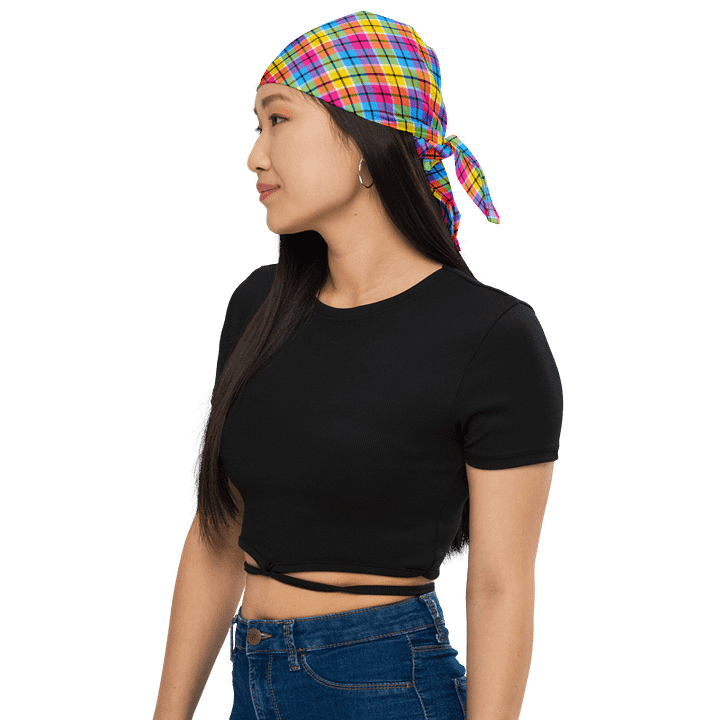 Hot Pink, Turquoise, and Yellow Plaid Bandana product image (1)
