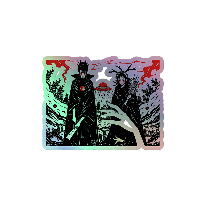 Mystical Figures in Dark Fantasy Landscape Holographic Sticker product image (2)