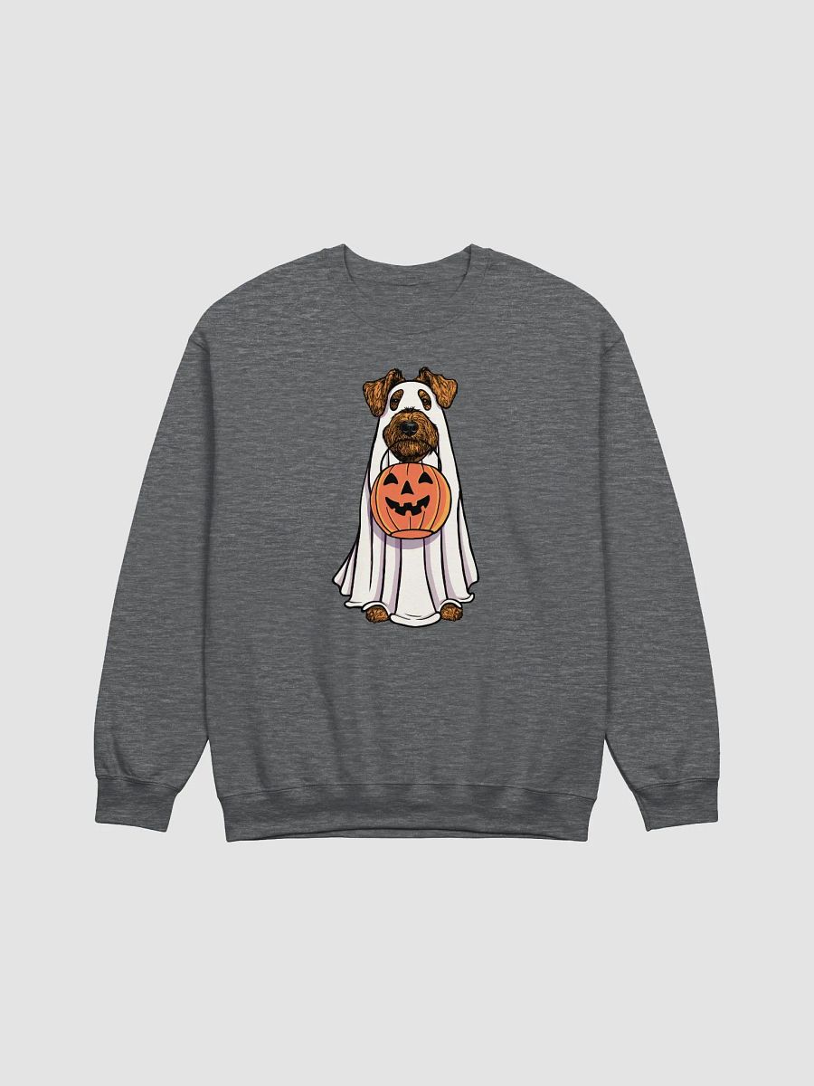 Funny Halloween Airedale Terrier Sweatshirt | Funny Airedale Wearing a Ghost Costume and Holding a Pumpkin Basket product image (7)
