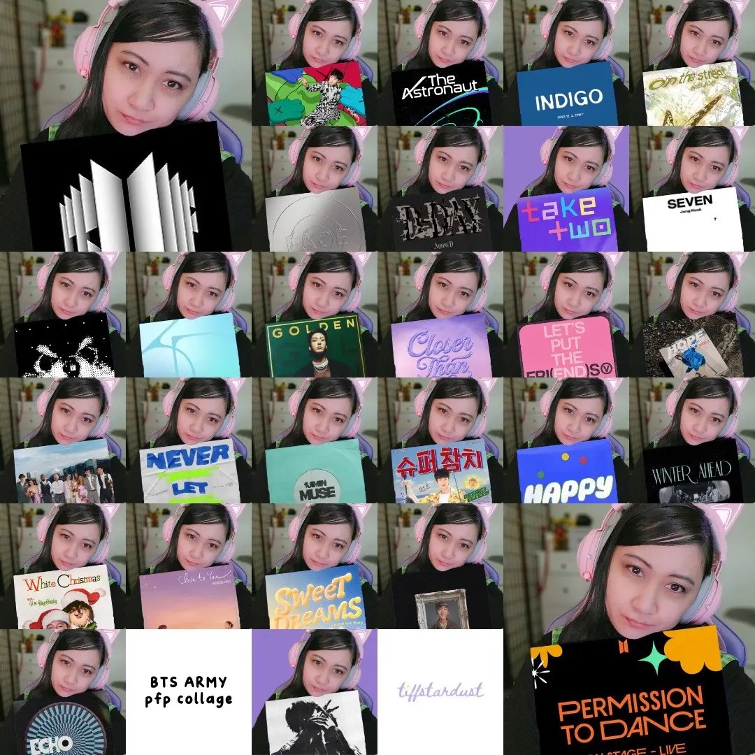 collage of pfp edits of me holding a vinyl of the latest BTS / BTS member album release starting from Proof (2022). the covers vary from official promo graphics to the actual digital/physical cover art. *does not include collabs, features, or remixes still waiting for the day I can make this vinyl collection a reality 💖✨ #bts #btsarmy #btsedits 
