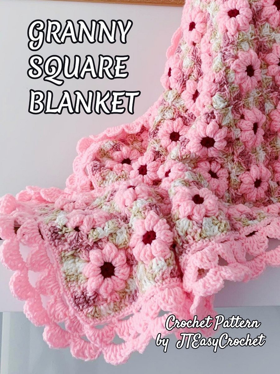 Cherry Blossom Baby Blanket Crochet Pattern, Textured 3D Floral Granny Squares Couch Throw product image (6)