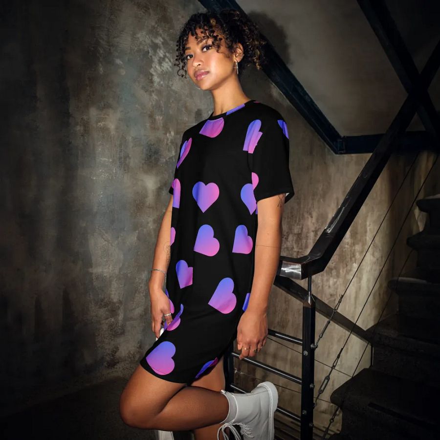 Love Pattern Pink Hearts on Black Background Ladies T Shirt Dress product image (12)