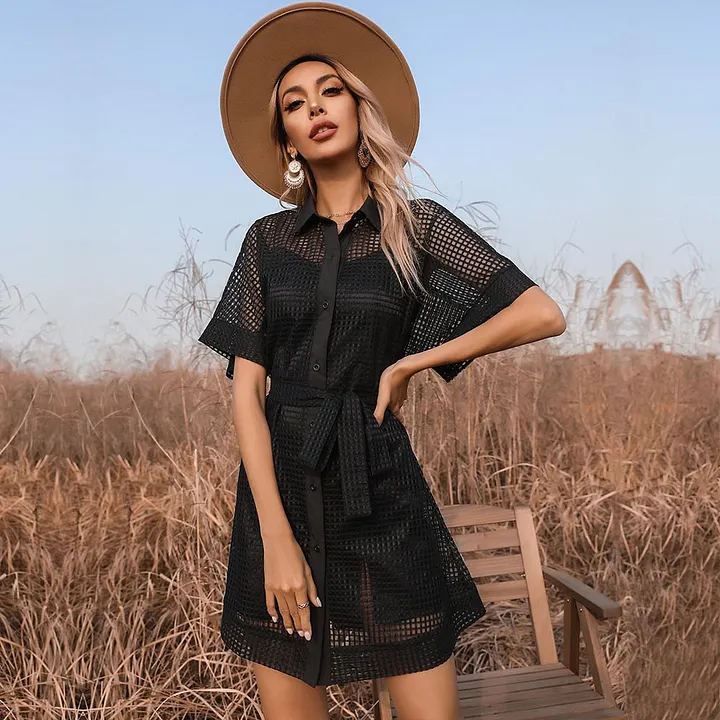 Women's Black Mesh Sheer Dress Lapel Short Sleeves Skirt Suit product image (2)