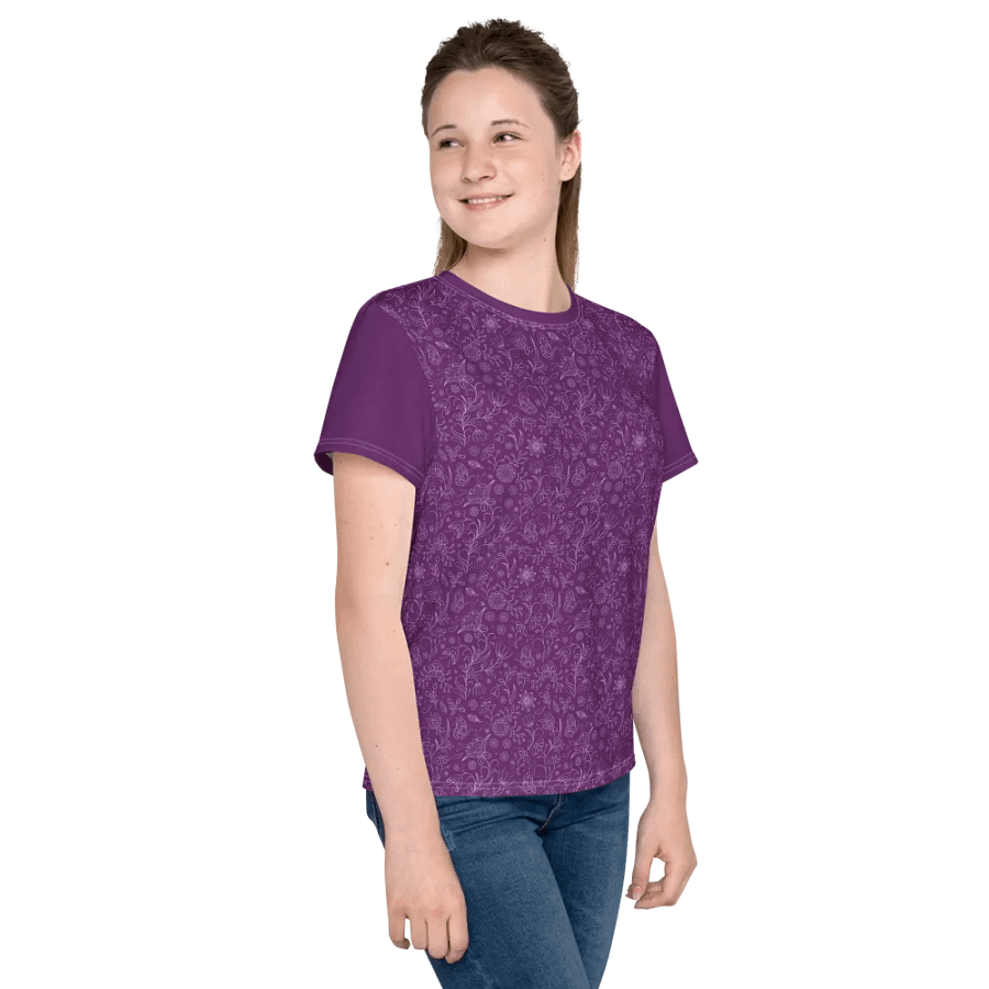 Dark Purple Floral Youth Crew Neck T-shirt product image (3)